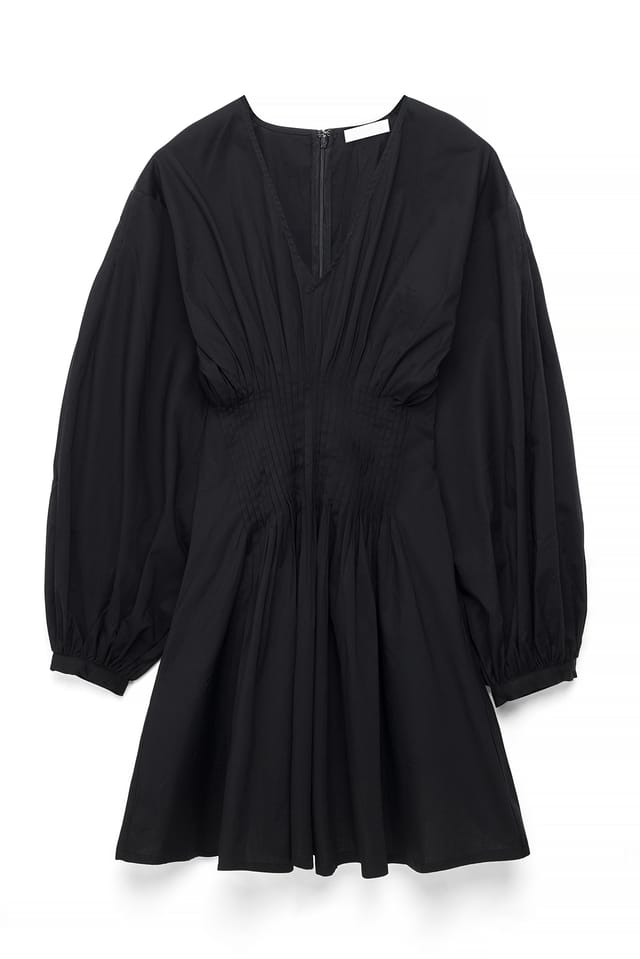 Black Pintuck-Baumwollminikleid mit langen Ärmeln
