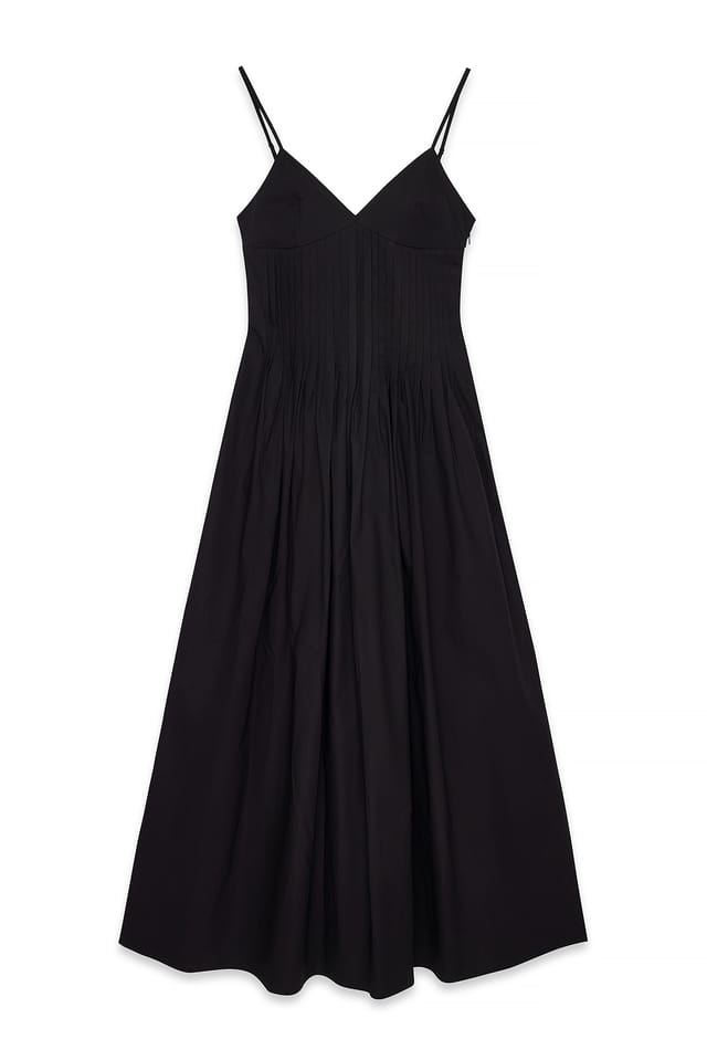 Black Cotton Pintuck Midi Dress