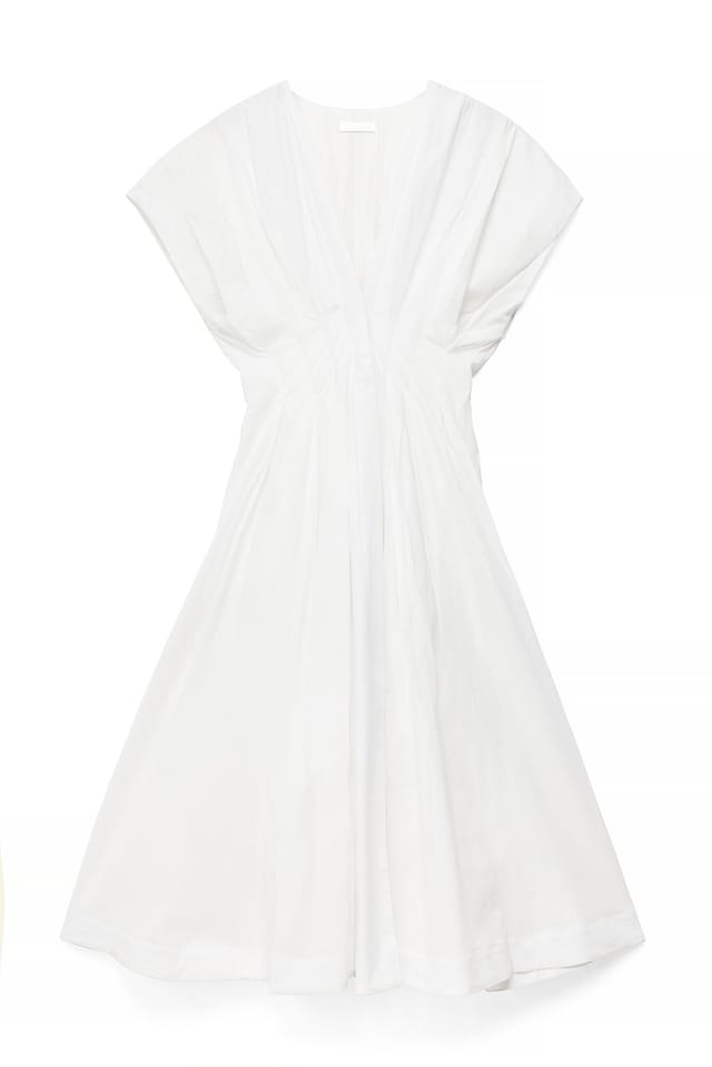 White Cotton Pleated Short Sleeve Midi Dress