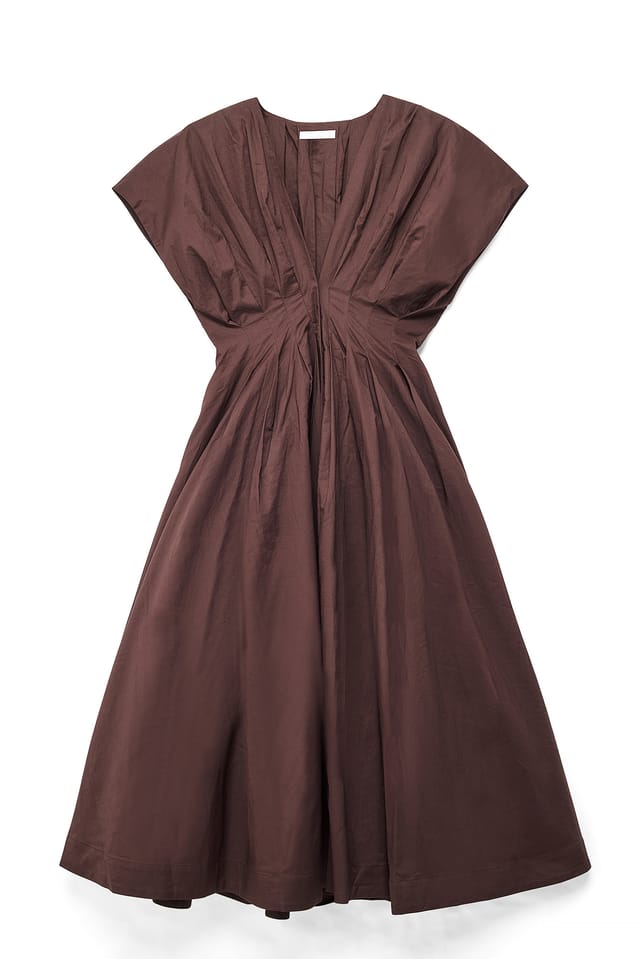 Dark Brown Cotton Pleated Short Sleeve Midi Dress