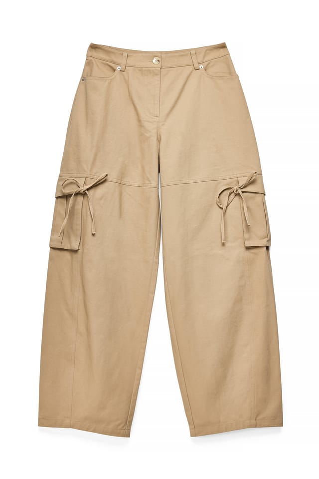 Light Beige Cotton Pocket Tie Detail Trousers