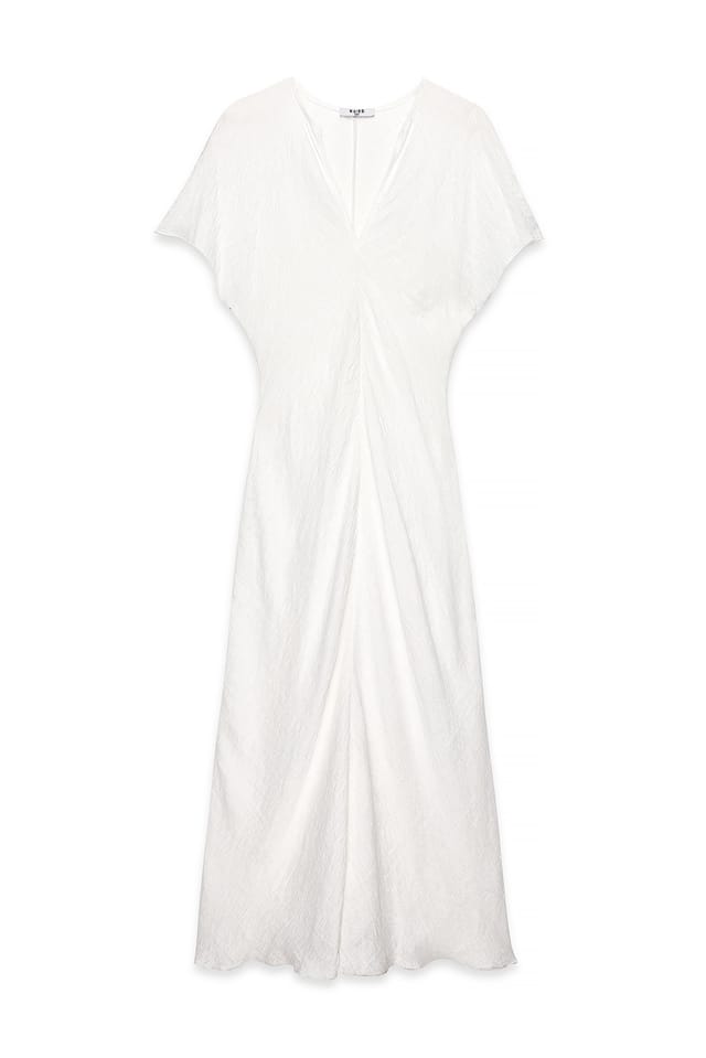 Cream Crinkle Short Sleeve Midi Dress