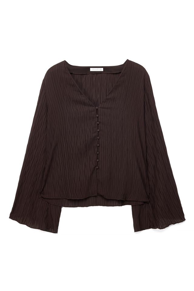 Dark Brown Rynket Bluse med Knapper