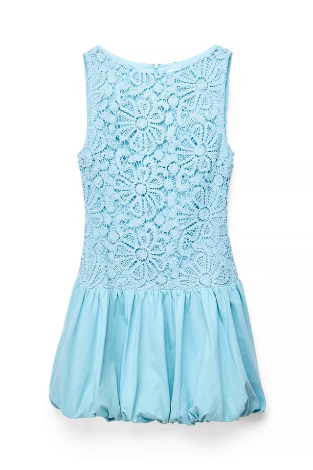 Light Blue Crochet Detail Balloon Mini Dress
