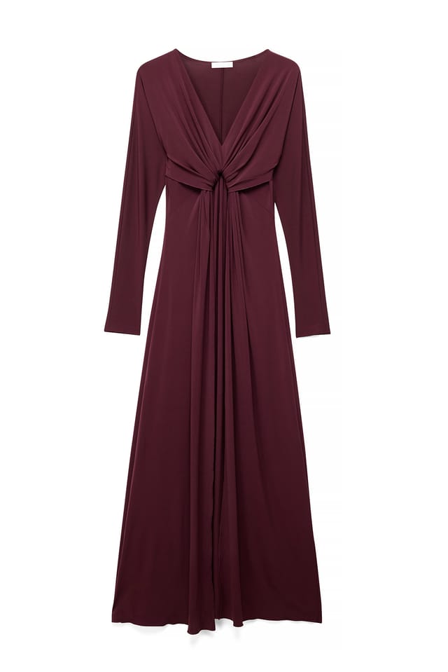 Burgundy Deep Neck Draped Maxi Dress