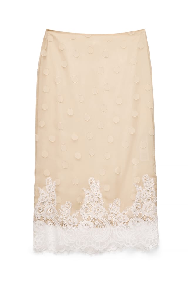 Light Beige Prickig midikjol med spetsdetalj