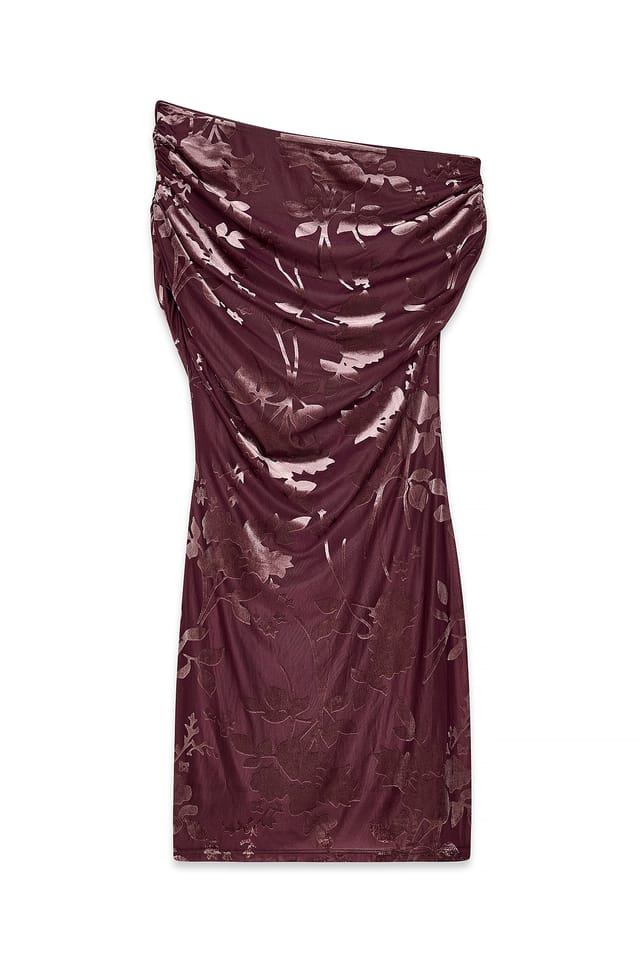 Dark Dusty Pink Draped Shoulder Burn Out Mini Dress