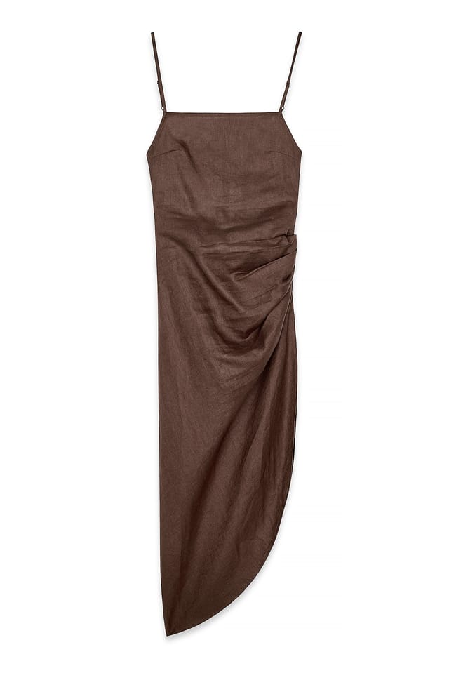 Brown Draped Linen Dress