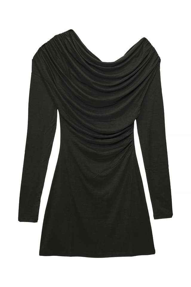 Black Draped Long Sleeve Mini Dress