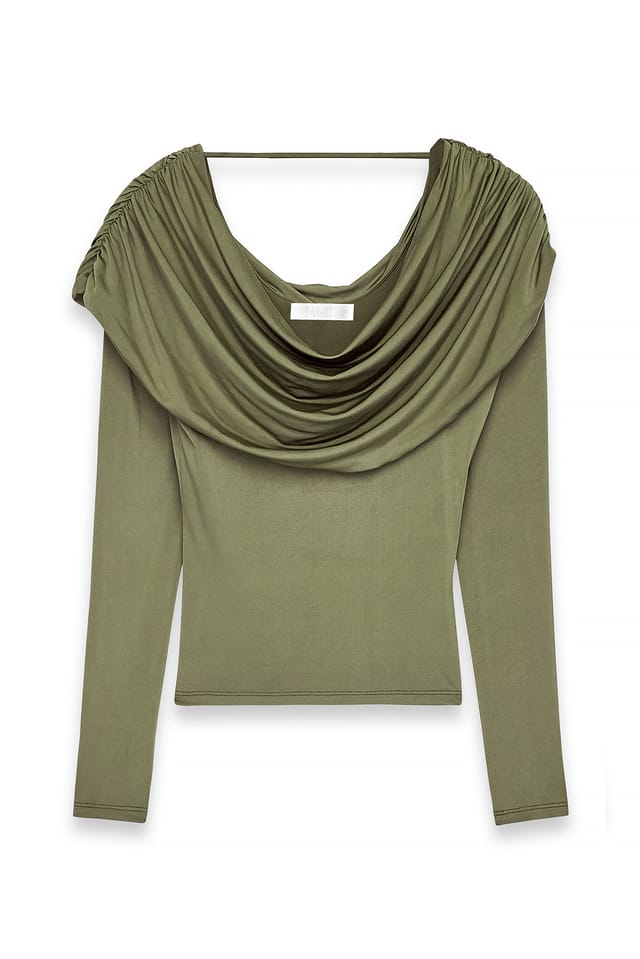 Olive Green Draperet top med lange ærmer