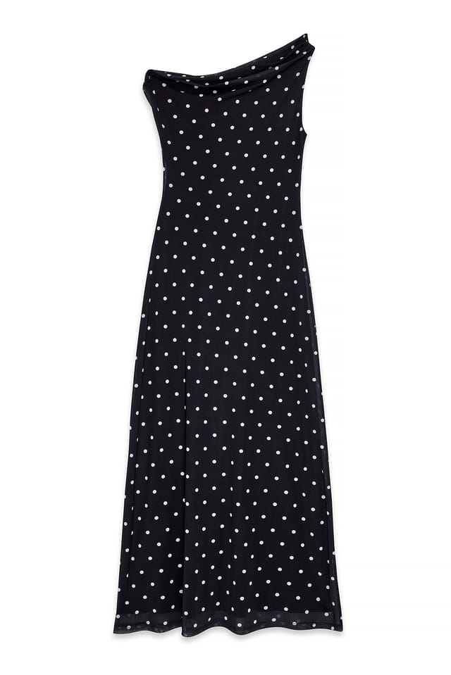 White/Black Dot Draped Maxi Mesh Dress