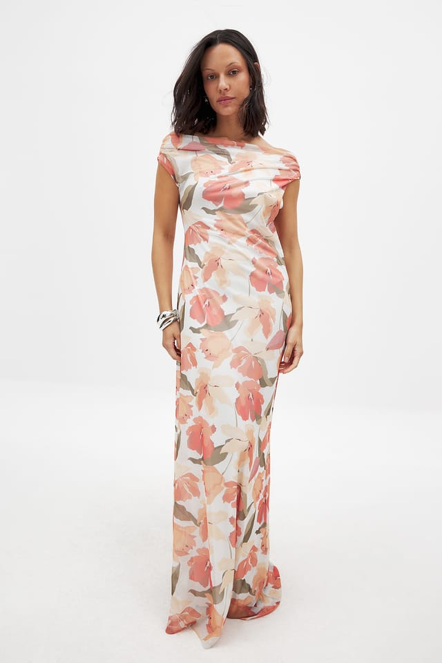 Orange Floral Draperad maxiklänning i mesh