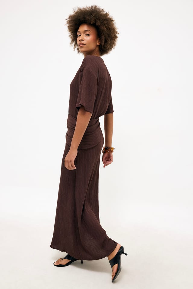 Brown Draped Short Sleeve Maxi Dress