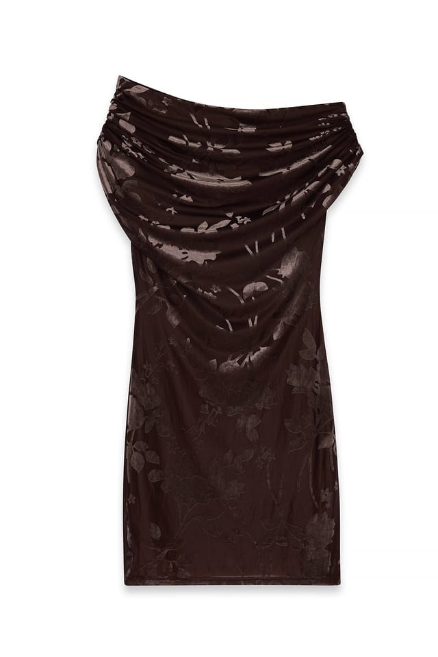 Brown Draped Shoulder Burn Out Mini Dress