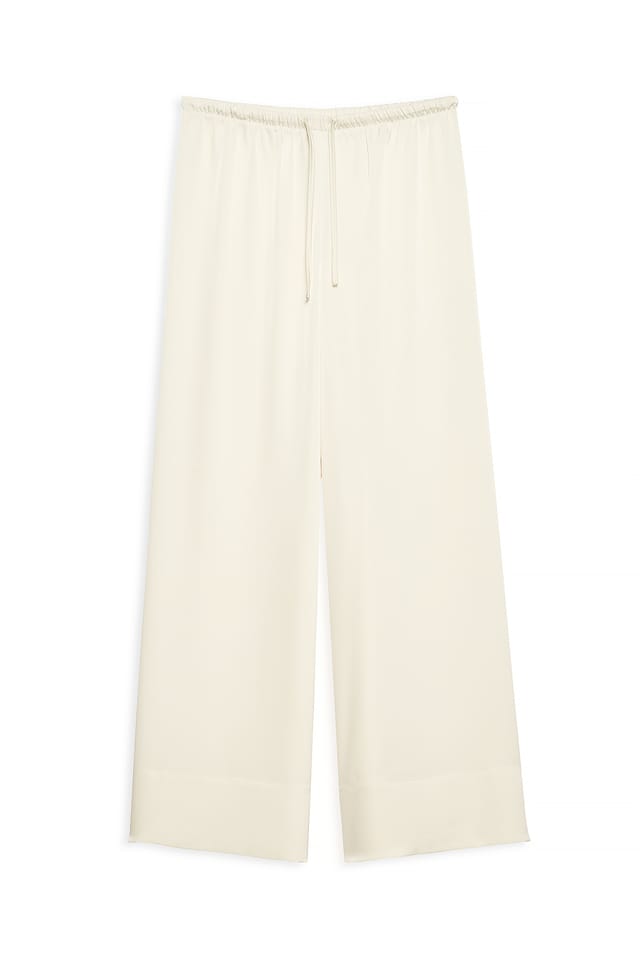 Cream Elastic Waist Mid Rise Satin Pants