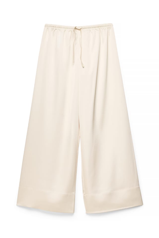 Cream Elastic Waist Mid Rise Satin Pants
