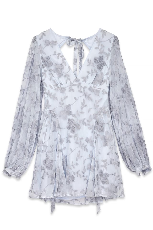 Light Blue Långärmad miniklänning i chiffon med broderi