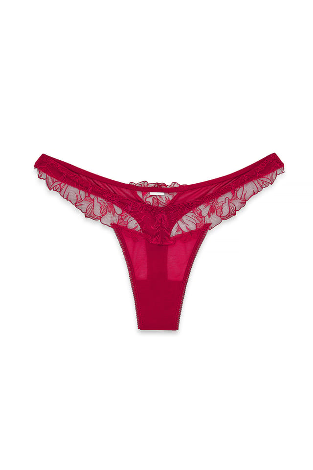 Burgundy Tanga en tulle brodé