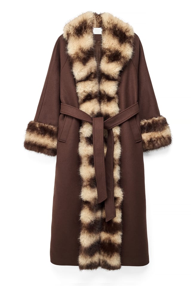 Dark Brown Faux Fur Wool Blend Maxi Coat