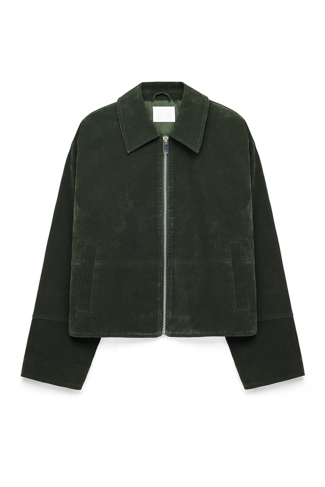Dark Green Jacka i fuskmocka med dragkedja