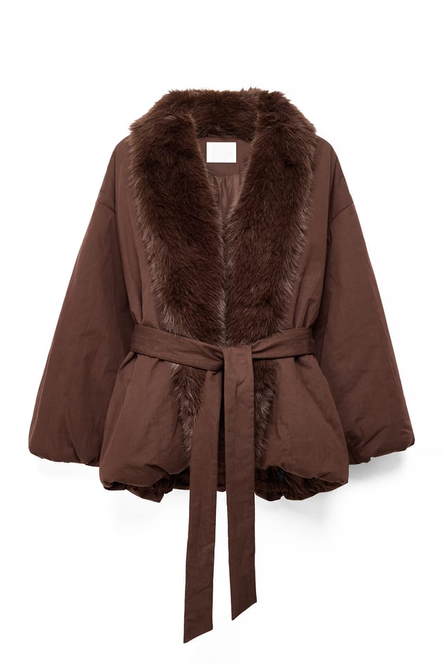 Dark Brown Doudoune à détails en fausse fourrure