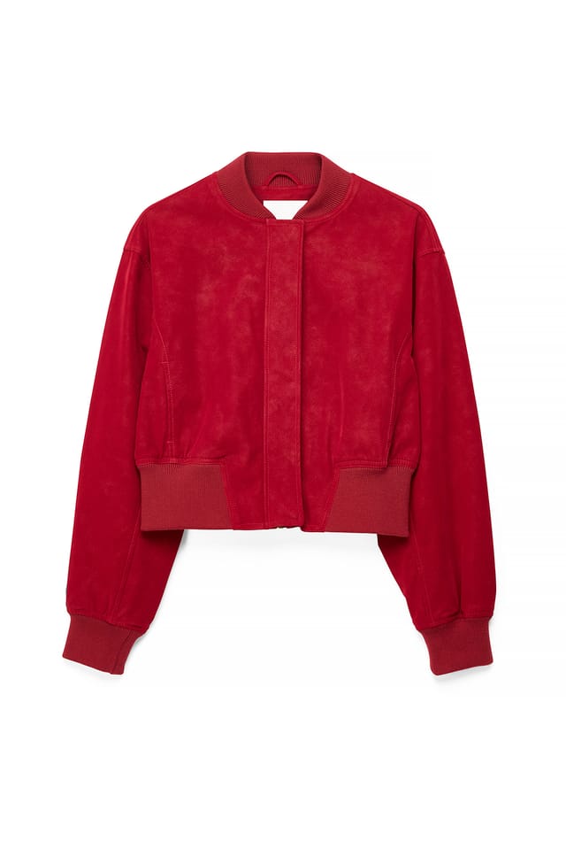 Red Faux Suede Bomber Jacket