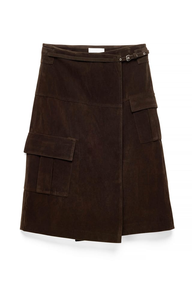 Brown Faux Suede Pocket Detail Midi Skirt