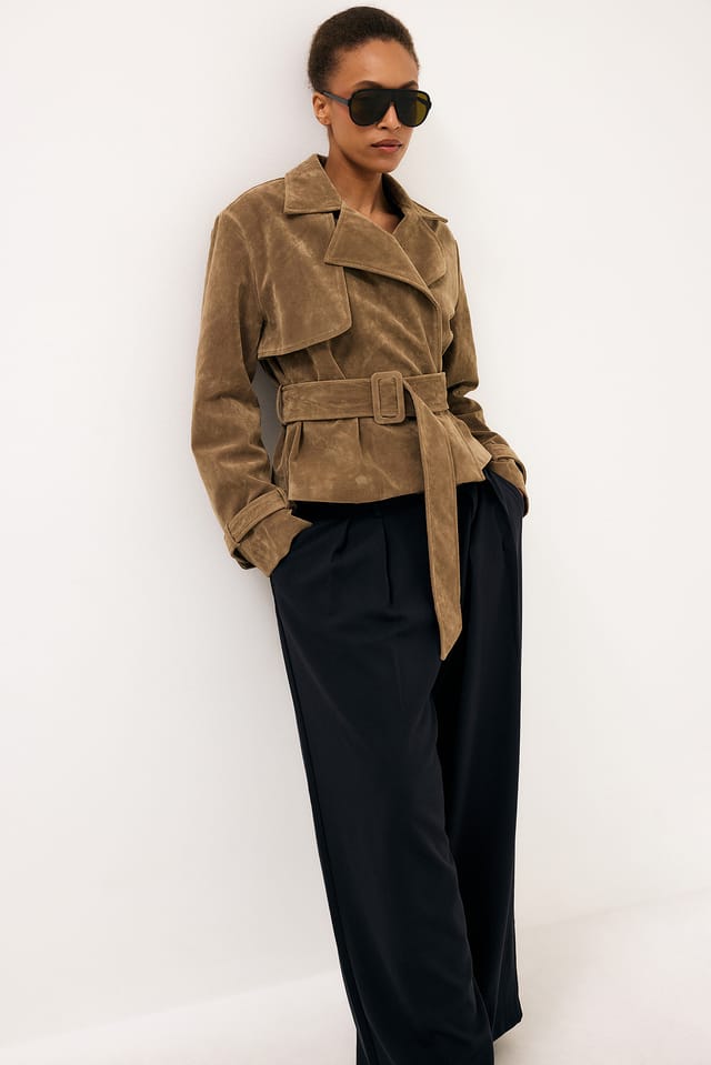 Beige Faux Suede Short Trenchcoat
