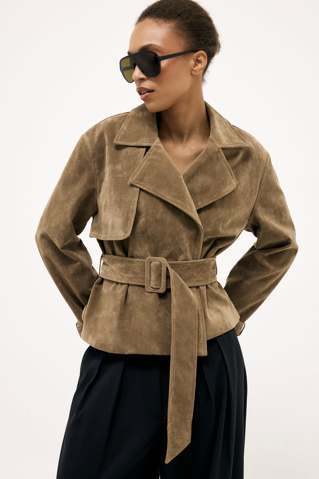 Beige Faux Suede Short Trenchcoat