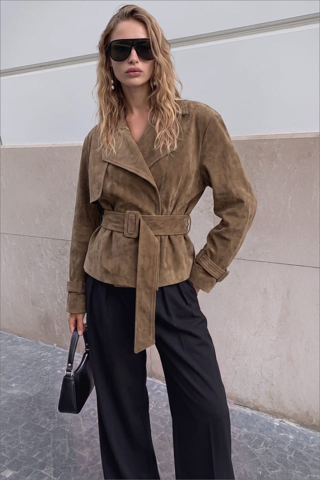 Beige Faux-Suede Kurzer Trenchcoat