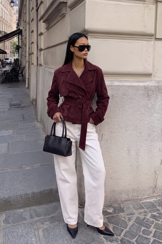 Burgundy Faux-Suede Kurzer Trenchcoat