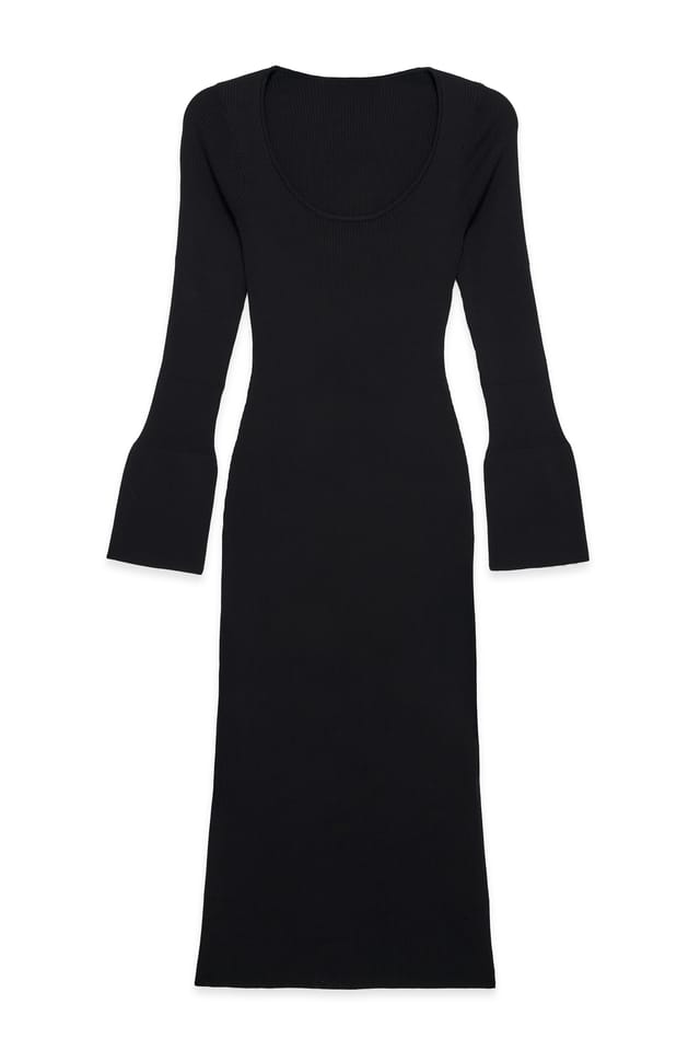 Black Midikleid mit Trompetenärmeln aus Feinstrick