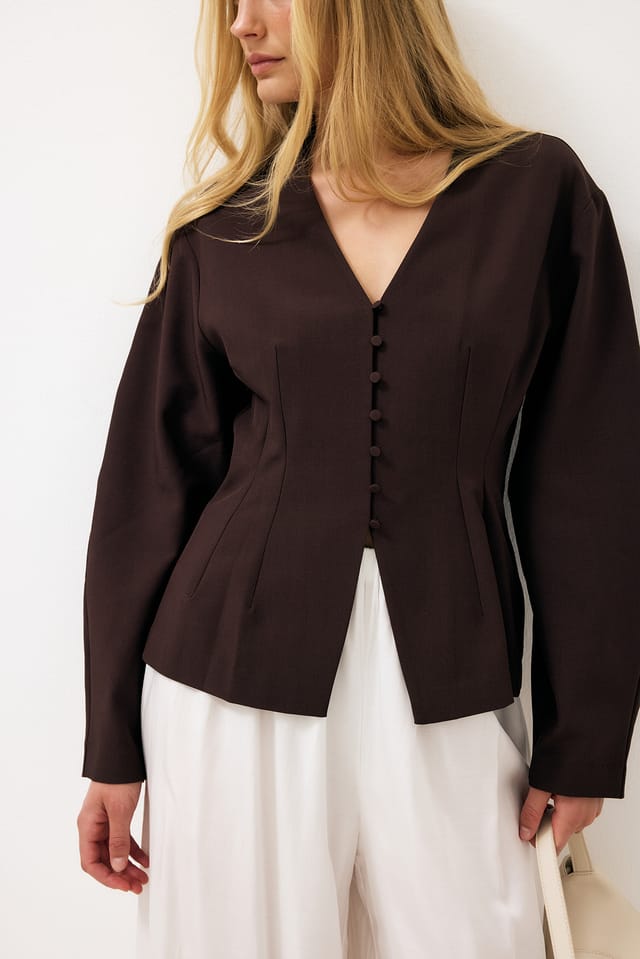 Brown Fitted Button Front Blus