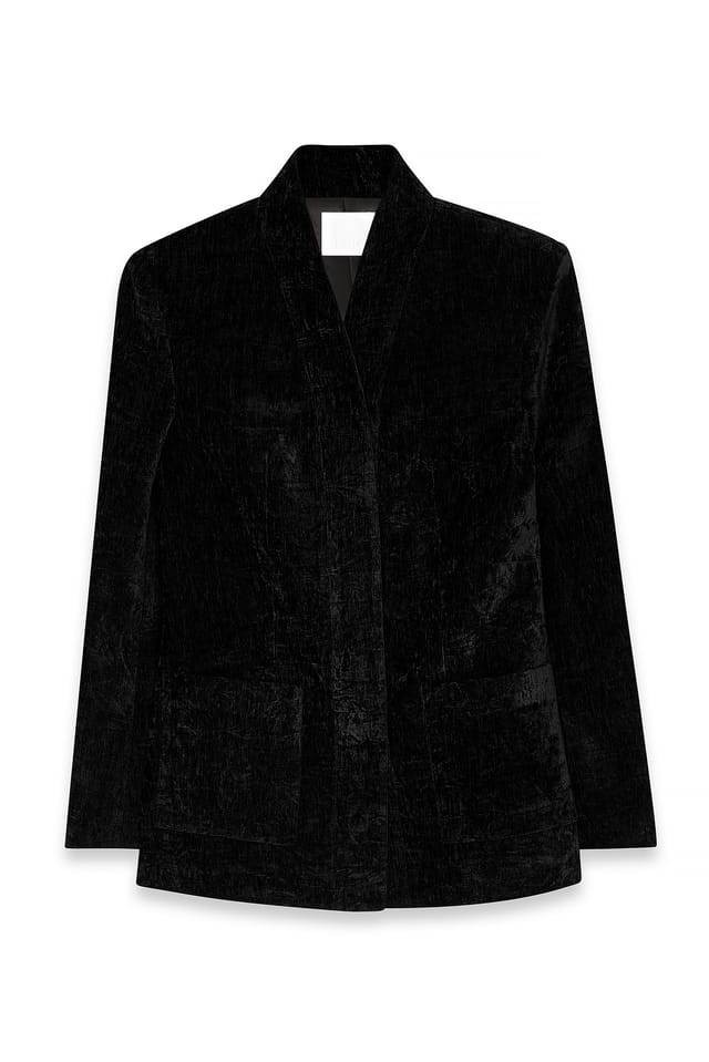 Black Fitted High Collar Chenille Blazer