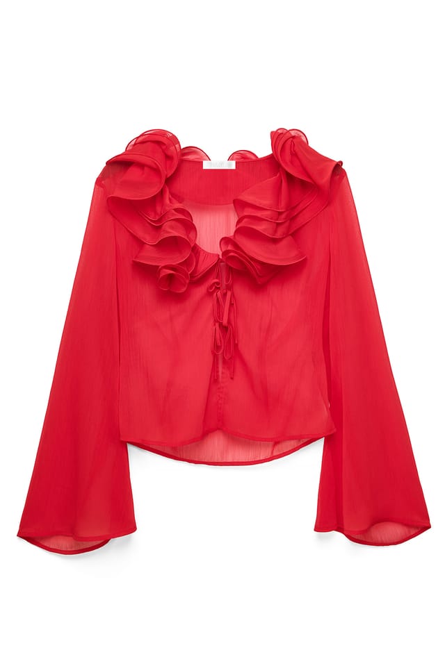 Red Bluse med flounce og knytedetalj