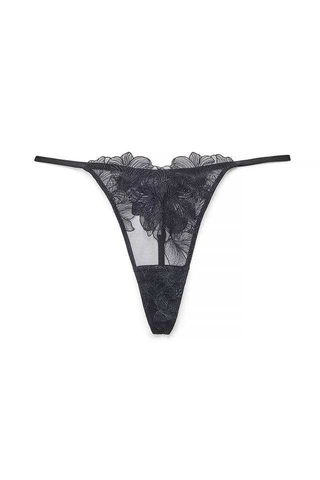 Black Tanga brodé de fleurs