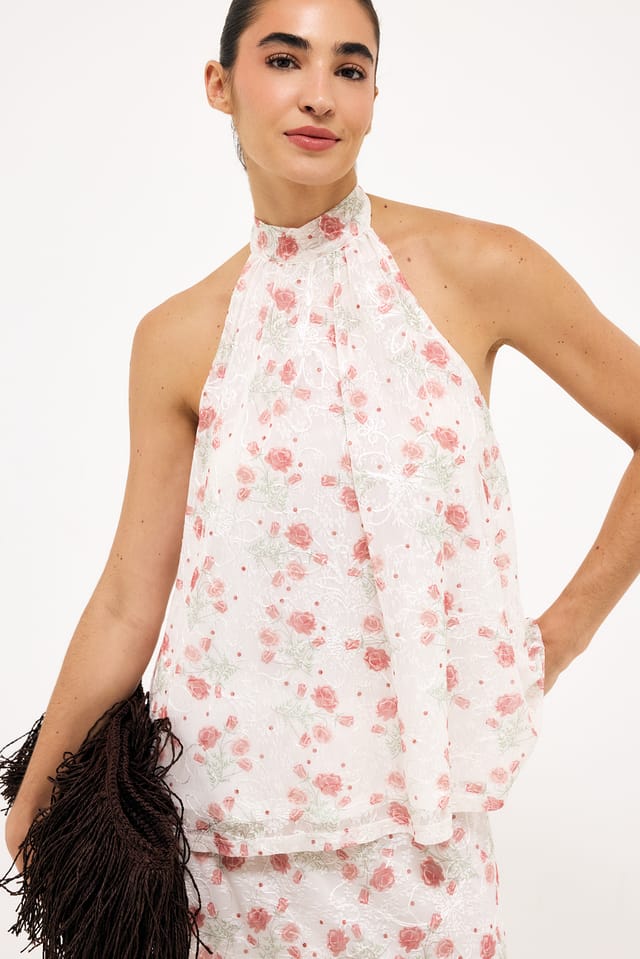 Red/White Flowy top met kant en print