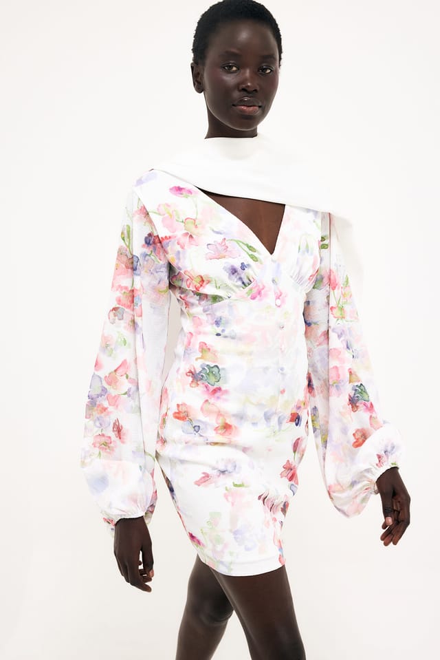 Floral Front Button Balloon Sleeve Mini Dress