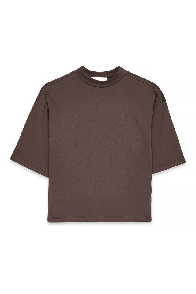 Brown Funnel Neck Shaped Cotton T-shirt