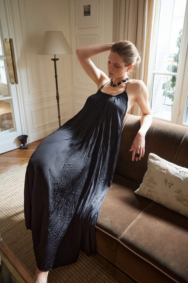 Black Gathered Volume Strap Dress