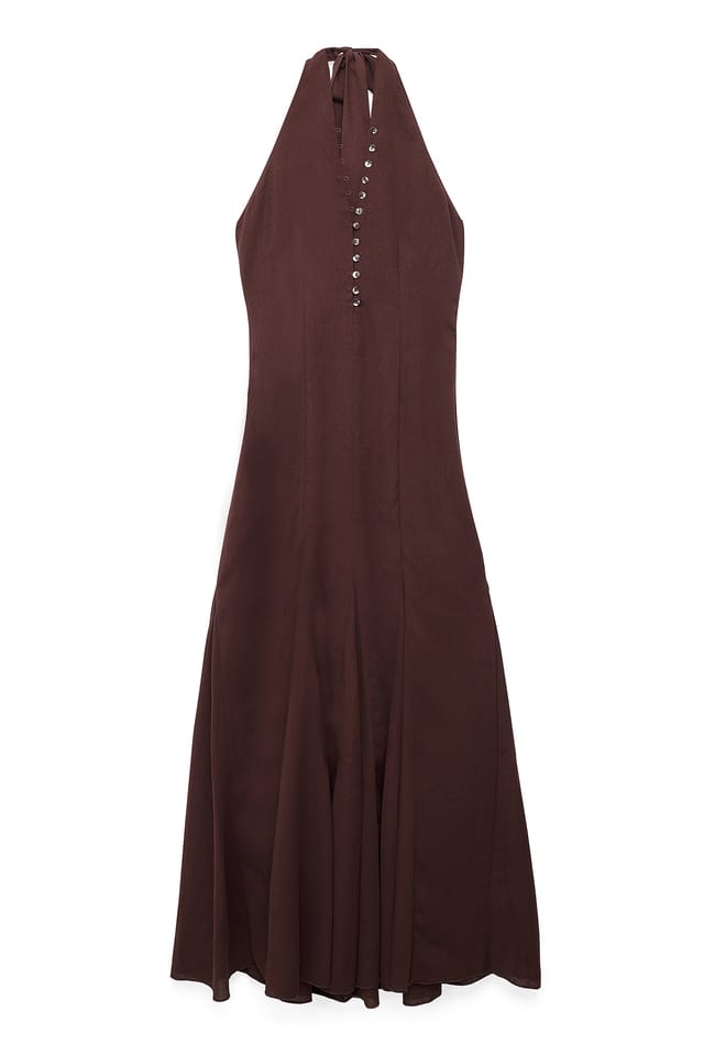 Dark Brown Halterneck Button Front Maxi Dress