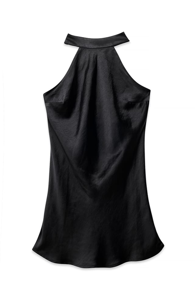 Black Hammered Satin Tie Back Mini Dress