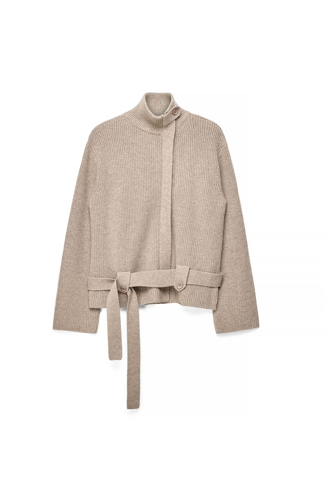 Beige Melange Heavy Knitted Tie Band Cardigan