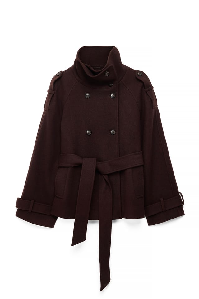 Brown Kurzmantel mit hohem Kragen und Gürtel