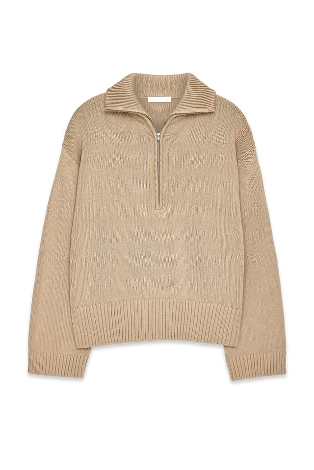 Camel High Neck Zipped Knitted Sweater