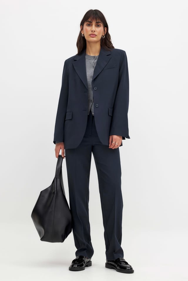 Navy High Waist Straight Leg Melange Suit Pants