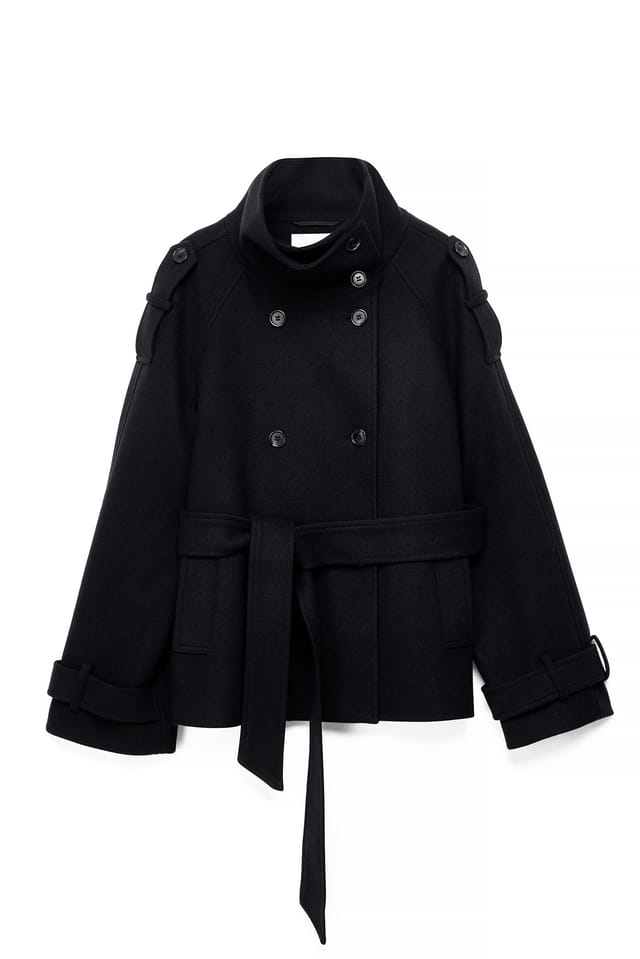 Black High Neck Belted Short Coat