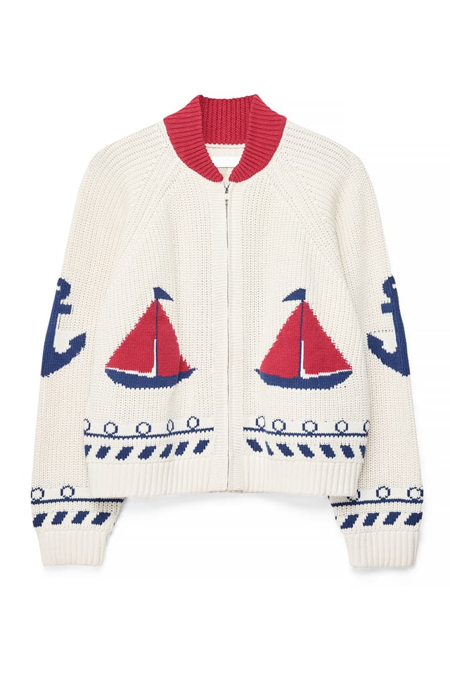 Offwhite Jacquardstrikket sweater med lynlåsdetalje