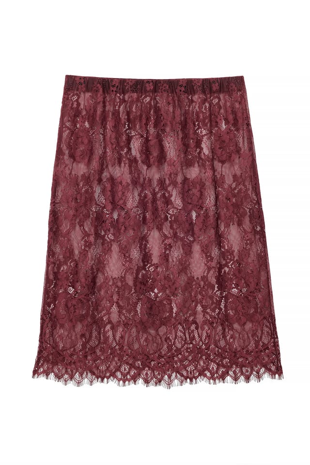 Burgundy Jersey Pencil Lace Midi Skirt
