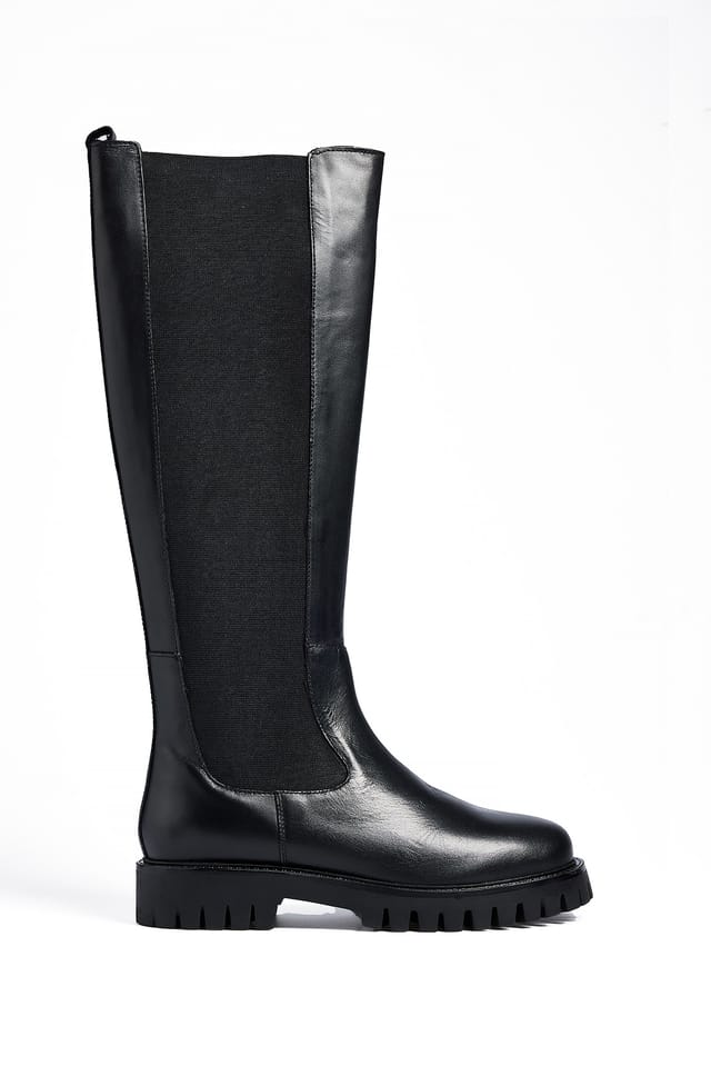 Black Knee High Leather Elastic Boots